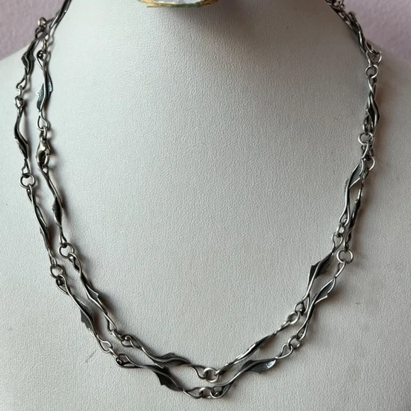 ANTIQUE VINTAGE LONG 925 STERLING SILVER NECKLACE CHAIN LEAVES DESIGN ORNATE